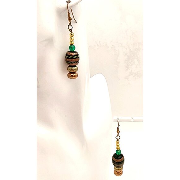 Handcrafted Brass & Coppery Murano Glass Beaded Dangle Earrings Warm Fall Colors - Picture 3 of 5